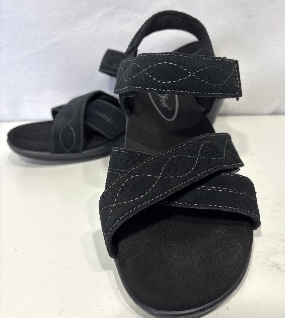 Orthofeet Holly Black Adjustable Leather Wedge Sandals 62033 Womens Size 9 Med